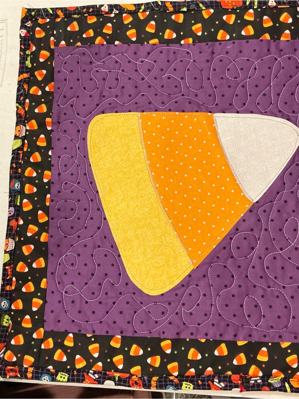 Hand Crafted Candy Corn Quilted topper- Purple, Orange, Yellow, Cream, Black